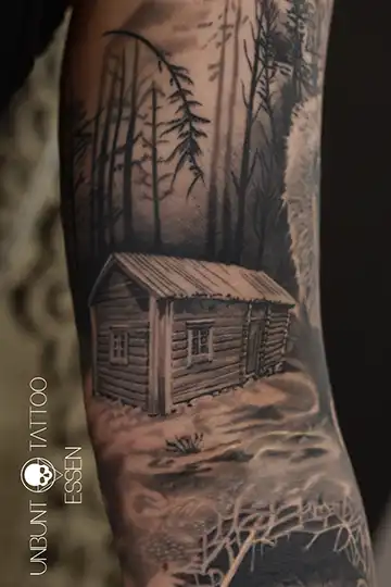 waldhütte wald tattoo cabin in the woods tattoo