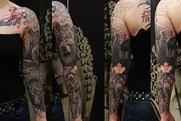 bär fuchs vogel eichhörnchen waschbär tattoo armm frau