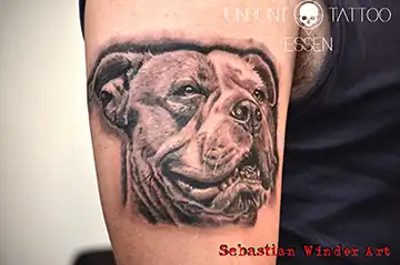 bull dog tattoo hunde portrait tattoo oberarm frau