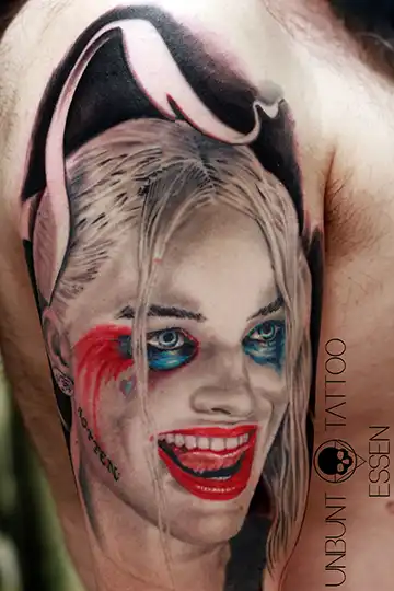 harley quinn tattoo margot robbie tattoo portrait realistic suicide squad tattoo arm mann